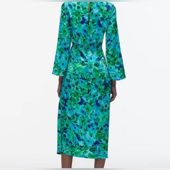 Zara dress midi Floral ruched long sleeve green blue boho summer vacation - Picture 4 of 7